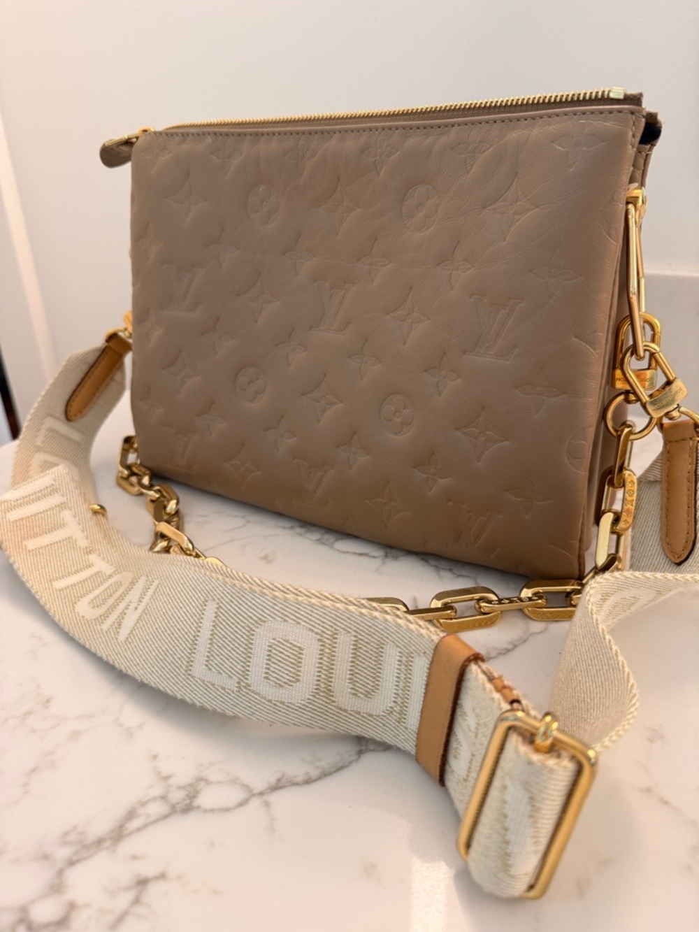 Louis Vuitton Taupe Embossed Monogram Crossbody with Cream Canvas Strap